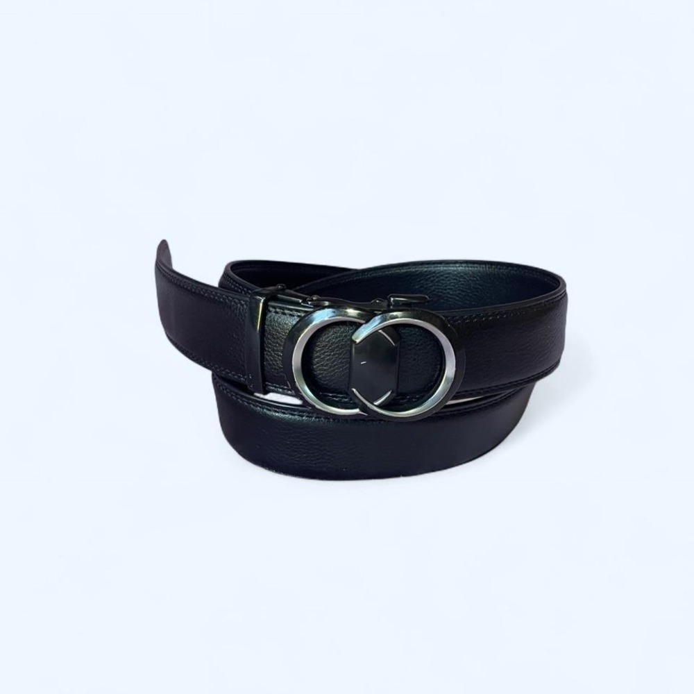 Black leather automatic belt with silver buckle 45"